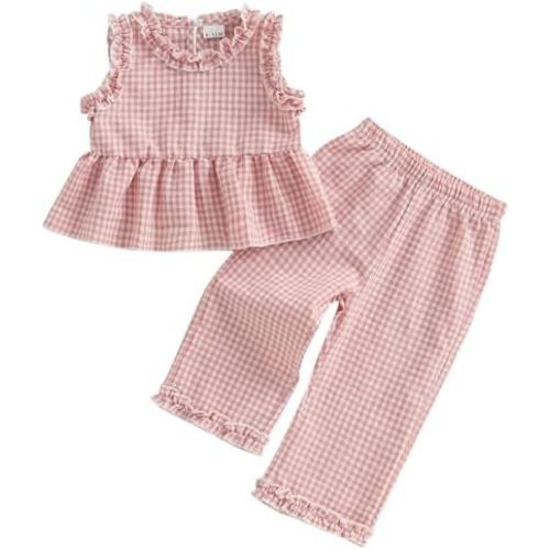 Toddler Baby Girl Clothes Summer Spring Baby Outfit Plaid Frill Trim Plaid Tank Tops Pants 12 18 24 Month 3T 4T