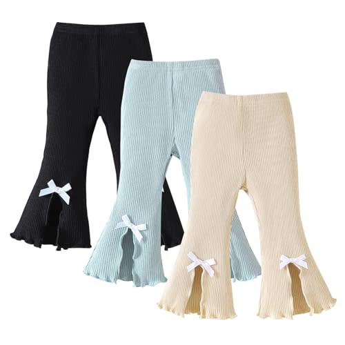 SOBOWO Baby Girl Flare Pants 3 Pack Toddler Solid Ribbed Ruffle Bell Bottoms Pants Trousers Fall Outfits