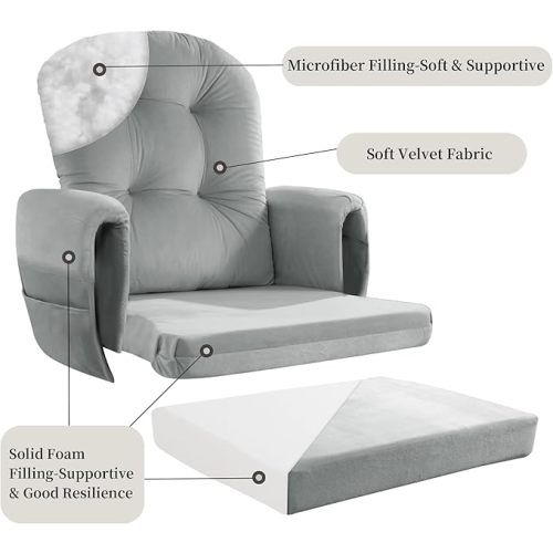 HOMBYS Glider Rocker Replacement Cushions 5 PCS with Storage Side Pocket, Velvet Fabric, Foam & Microfiber Filling, Non-Slip & Washable,Thickened & Supportive for Glider Rocking Chair-Light Grey