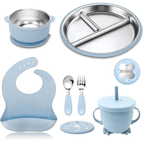 Stainless Steel Baby Feeding Set 6 Pcs, Baby Led Weaning Supplies, Stainless Steel Suction Bowl Divided Plate 2-in-1 Cup Bib Spoon Fork - Solid Food Utensils for Babies 6+ Months. (Beige)