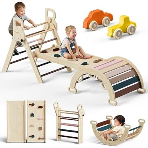 BlueWood Pikler Triangle Set 7in1 Foldable Baby Climbing Toys Wooden Montessori Climbing Set with Arch&Ramp&Ladder Baby Climber Indoor Jungle Gyms for Toddlers Montessori Toys - Mauve Pink