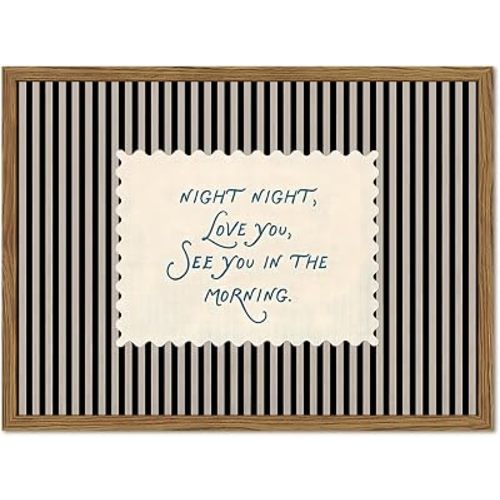 Vintage Nursery Wall Art Night Night Love You Quote Wall Decor Poster Mid Century Nursery Canvas Painting Prints for Kids Bedroom Living Room 24x16 inch Wood Framed