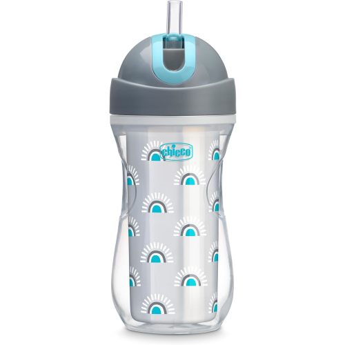 Chicco Flip-Top Straw Cup 9oz | Insulated Toddler Sippy Cup with Soft Silicone Straw | No-Spill | Easy-Clean | BPA-Free | 1pk | For Ages 12+ Months | Silver/Blue Sunburst