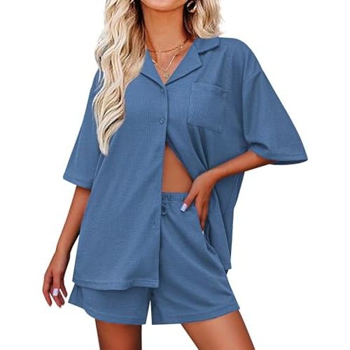 Ekouaer Pajamas for Women Waffle Knit Lounge Set Button Down Loungewear Soft Short Sleeve Pjs Shorts Set S-XXL