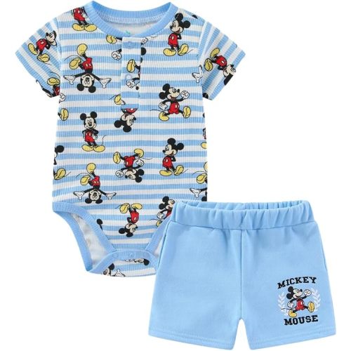 Disney Mickey Mouse Baby Boys Ribbed Bodysuit and Short Set for Newborn and Infants