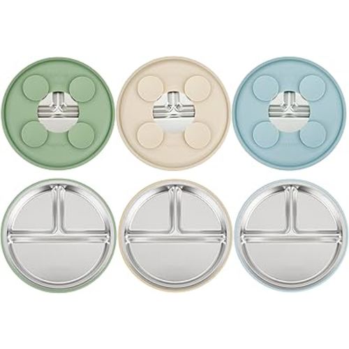 PandaEar 3 Pack Stainless Steel Baby Plates with Suction, Divided Toddler Plate for Baby Led Weaning Supplies, Non-Slip Suction Plates Baby Feeding Set, Dishwasher Safe (Blue/Green/Brown)