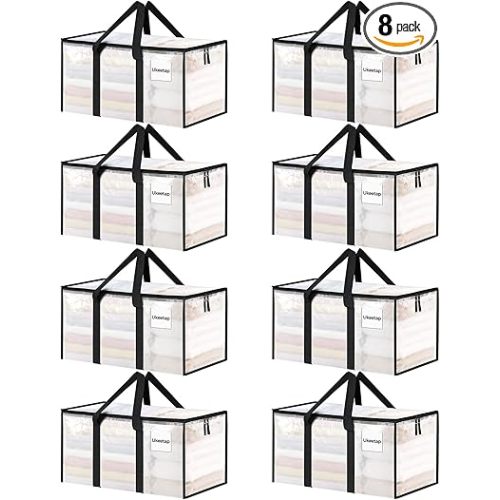 8 Pack Extra Large Heavy Duty Moving Bags, Clear Storage Bins with Lids, Reinforced Handles & Heavy-Duty Zippers Moving Boxes Storage Bags Totes for Clothes Packing, Dorms, College Supplies, Clear
