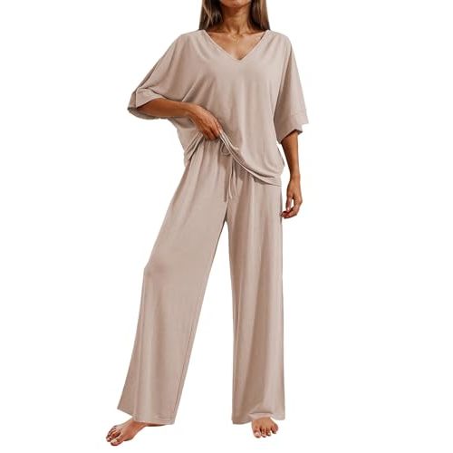 Ekouaer Pajama Sets Womens 2 Piece Short Sleeve Long Pants Pjs Lounge Set | Soft Comfy Pjs with Pockets,Casual V Neck Sleepwear,Matching Set for Travel,Maternity,Daily,Outfits
