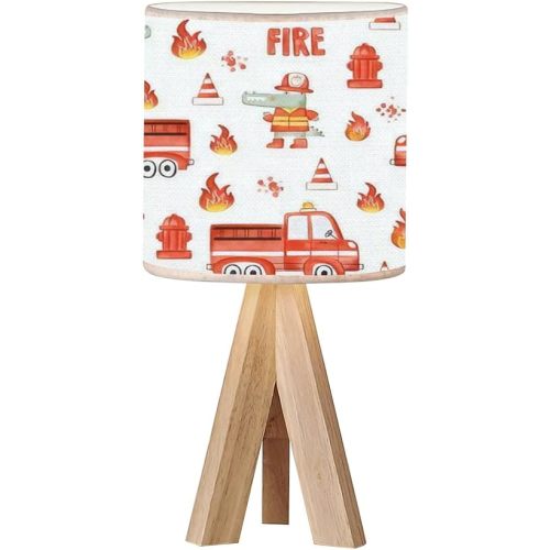 OEPWQIWEPZ Tripod Bedside Desk Table Lamp Watercolor Hand Drawn Seamless Childish Cute Firetrucks Flame Wood Nightstand Lamp with Linen Fabric Shade for Nursery Bedroom Living Room Kids Room