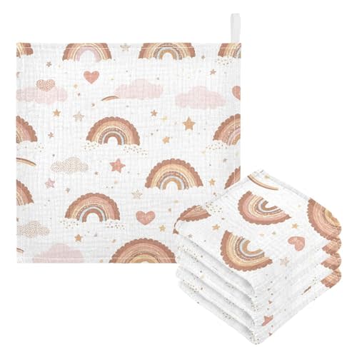 Burbuja Boho Rainbow Baby Washcloths - Muslin Cotton Soft Absorbent Baby Towel for Newborn Baby Sensitive Skin - Baby Essential Item, 12x12 in, 5 Pack