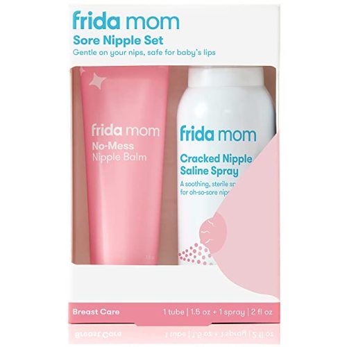 Frida Mom Sore Nipple Set | Cracked Nipple Saline Spray, No-Mess Nipple Cream | 2 Piece Set | Breastfeeding Set for New Moms - Nipple Kit - White