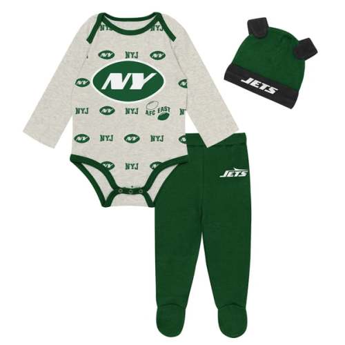 Newborn Outerstuff Heather Gray New York Jets Huddles & Giggles 3-Piece Pant and Hat Set