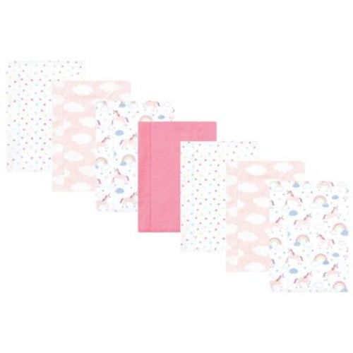 Hudson Baby Infant Girl Cotton Poly Flannel Burp Cloths, Unicorns Rainbows 7 Pack, One Size