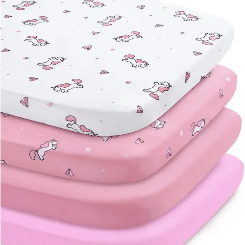 Bassinet Sheet 4 Pack for Baby Girls, Bassinet Sheets Universal Fit for Rectangle, Oval, Hourglass Bassinet Pad/Mattress, Stretchy Bassinet Sheets, Pink Print
