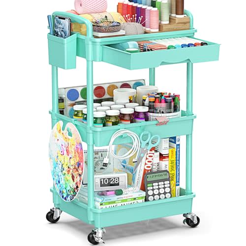 SUNALLY 3-Tier Rolling Cart with Drawer & Lockable Wheels, Bathroom Storage Organizer Multifunctional Rolling Storage Cart for Bathroom, Kitchen, Office, Craft, Makeup, Baby Essentials, Blue