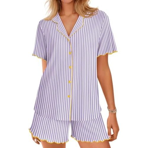 Ekouaer Button Up Pajamas Set for Women Short Sleeve Ribbed Knit Sleepwear 2 Piece Pjs Shorts Set