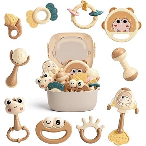 Baby Toys 0-3 3-6 Months, Chardfun Baby Rattles Teething Toys for Babies Infant Chew Toy 6-12 Months Baby Shower Gifts for Newborn Boys Girls 10Pcs Rattles & Teethers with Storage Box