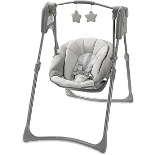 Graco Slim Spaces Compact Baby Swing, Space Saving Portable Bay Swing with Height Adjustable Legs & Soft Toys, Reign