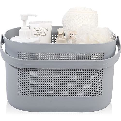 UUJOLY Plastic Storage Baskets with Handles, Shower Caddy Shelf Organizers Basket for Bathroom, Kitchen, Dorm Room, Gray