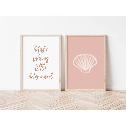Set of 2 Prints, Make Waves Little Mermaid Print, Kids Prints, Gallery Wall, Shell Print, Nursery Decor, Pink Art Print, Kids Bedroom