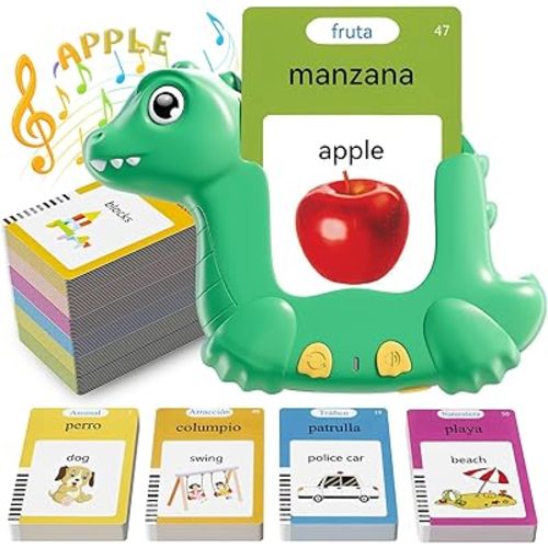 Spanish and English Talking Flash Cards for Toddlers with 510 Sight Words, Dinosaur Shaped Bilingual Buddy Pocket Speech Therapy Autism Toys, Educational Learning Toys Gift for Kid Boys Girls