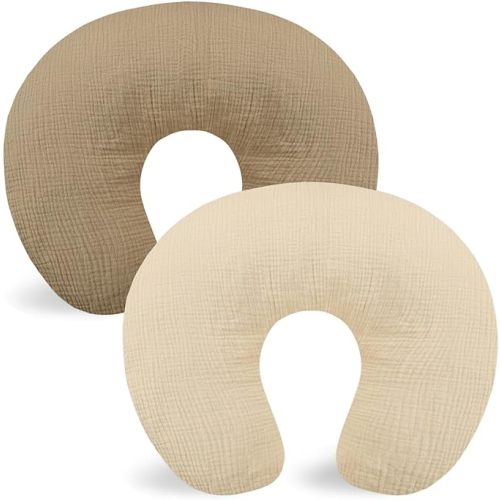 Hooyax Muslin Nursing Pillow Covers 2 Pack, Soft and Breathable Nursing Covers for Breastfeeding Pillows, Adorable Infant Feeding Pillow Slipcover for Baby Boy and Girls (Brown Wheat)