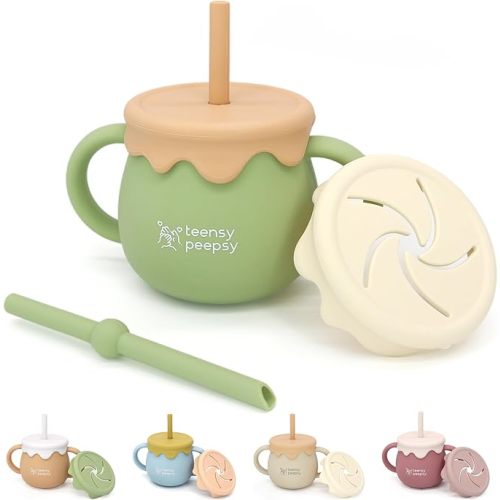 teensy peepsy Honey Jar Pot 3-in-1 Silicone Training Cup 8.5oz, Baby Sippy Cup with Straw & Snack Cup for 6 months+ Straw Cup for Baby Boy Gift, Open Cup Toddler Smoothie Drinkware (Forest Green)