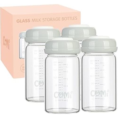 COMI Natural Glass Baby Bottle,Breastmilk Storage Bottle for Fridge,Wide Neck Breast Milk Container with Dome Cap,Fits Breast Pumps & Nipples,BPA Free,4PCS (6oz,4 Gray Lids)