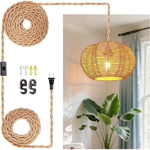 Hanging Light Fixture with Plug in Cord with on Off Switch, Rattan Pendant Lights Boho Lamp Ceiling Light, Plug in Pendant Light Hanging Lamp Shades for Living Room Decor Bedroom Kitchen