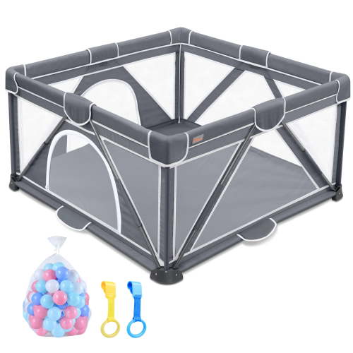 Yobear Baby Playpen, Foldable Playpen for Babies and Toddlers, Indoor & Outdoor Baby Activity Center with Visible Breathable Mesh, Portable Play Yard with 2 Handlers+50 Balls-5050(Black)