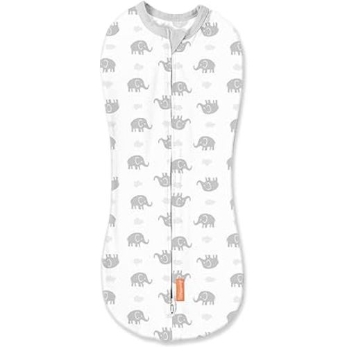 SwaddleMe by Ingenuity Compression Swaddle Pod, Two-Way Zipper for Easy Changes, Improves Sleep & Calms Startle Reflex, 0-2 Months, 1-Pack - Grey Elephant Skies