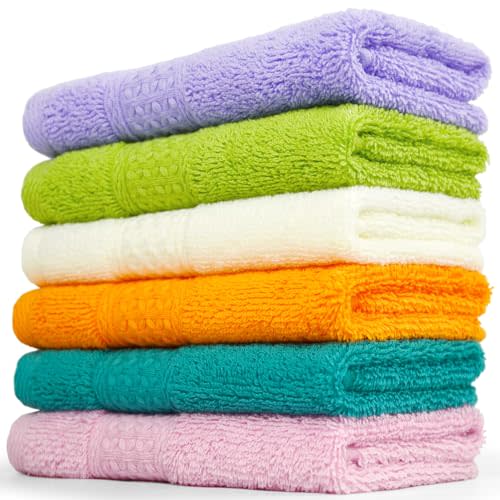 Cleanbear Cotton Wash Cloths Soft Washcloths with 6 Colors for Body and Face, 13 by 13 Inches Large Bathroom Washcloth Set Highly Absorbent Fade Resistant Face Cloths