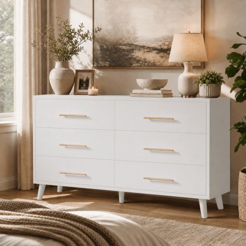 Aiho Modern 6-Drawer Dresser, Wooden Chest with Cut-Out Handles, Wide Double White Drawers for Bedroom, Living Room, Entryway
