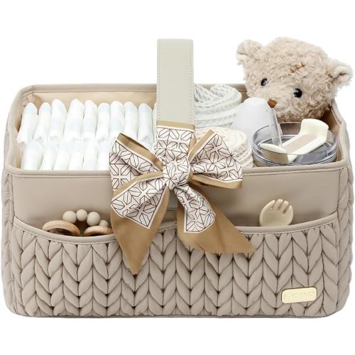 Luxurious Baby Diaper Caddy, Nursery Storage Basket for Newborn Essentials, Travel Baby Basket for Diapers Baby Wipes, Organizer Tote Bag Storage Bin, Baby Shower Gifts(Beige)