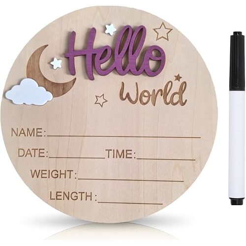 Baby Announcement Sign, 5.9 Inch Wooden Hello World Newborn Signs, Birth Announcement Sign and Pen, Moon and White Cloud Decoration, Welcome Newborn Arrival to World (Rose Jam Purple)