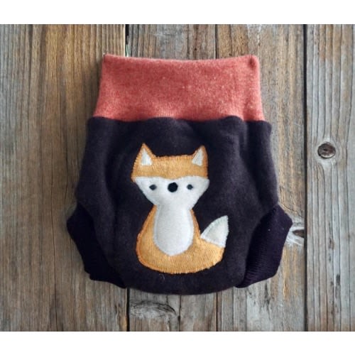 Upcycled Cashmere Merino Wool Diaper Cover SMALL (3-6 Months) - Brown Orange Fox Applique