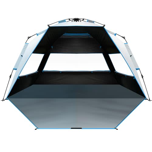 OutdoorMaster Beach Tent Blackout Coating, Pop Up Sun Shelter for 4 Person | 95% Sun Protection, 9.5mm Thicker Pole, Instant Setup Beach Tents, 3 Mesh Windows, Windproof, Privacy Zippered Door