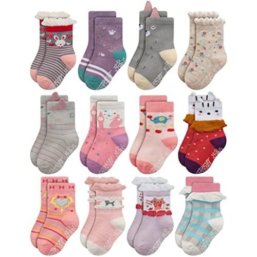 RATIVE Non Skid Anti Slip Cotton Dress Crew Socks With Grips For Baby Infant Toddler Kids Girls