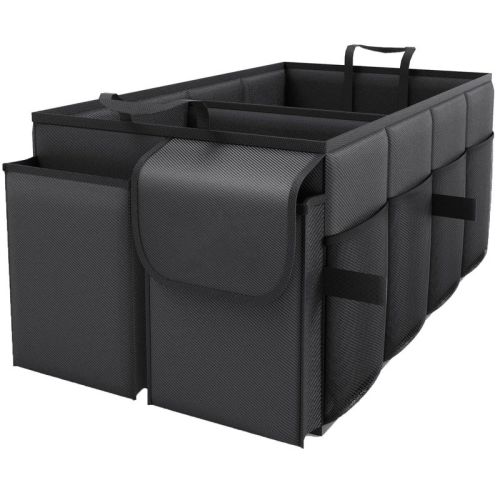 Itopfox Foldable Car Trunk Organizer with 2 Compartments & 6 Mesh Pockets, Sturdy SUV & Sedan Storage for Tools, Groceries, Sports Gear, Black