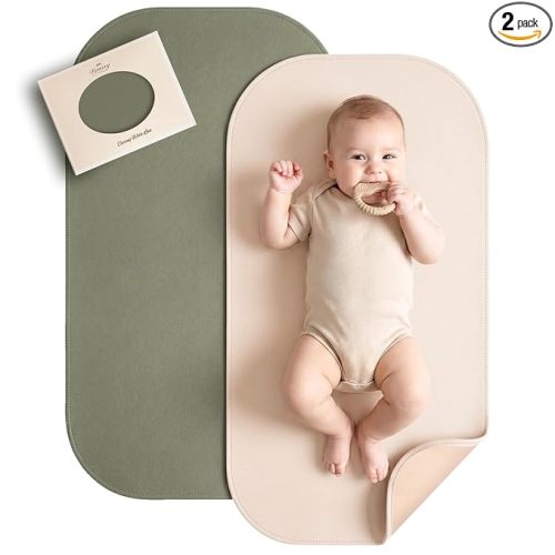 Konssy Faux Leather Baby Changing Mat, Waterproof, Wipeable & Portable Diaper Changing Pad for Travel or Home, Fits Perfectly in Diaper Bag, 30 x 17 inches (Fog Green,Beige)