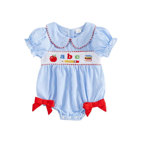 BemeyourBBs Newborn Baby Girl Back to School Outfit Pre Kindergarten Outfit Plaid Bubble Romper Cute Infant Baby Girl Summer Clothes Letter Book Apple Pencil Embroidery Doll Collar Bodysuit Jumpsuit