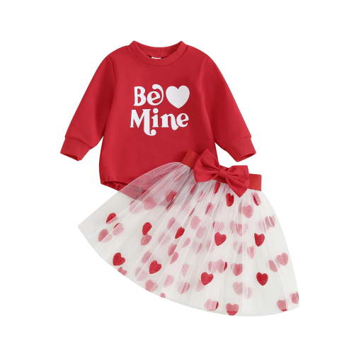 Bagilaanoe 2Pcs Newborn Baby Girls Valentine’s Day Clothes Letters Print Long Sleeve Romper Tops + Heart Tulle Skirt 3M 6M 9M 12M 18M Infant Casual Skirt Set