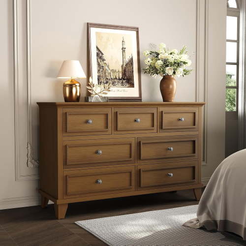 7 Drawer Dresser for Bedroom, Wooden Chest of Drawers with Deep Storage, Metal Handles, Thickened Desktop, Rustic Storage Cabinet,Brown