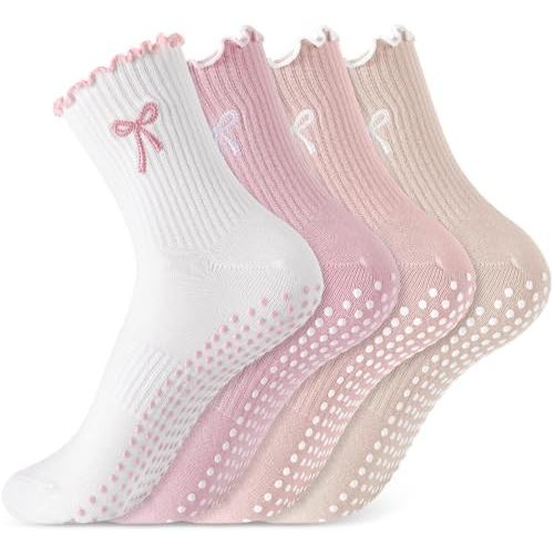 Jeyiour 4 Pairs Cute Pilates Grip Socks for Women, Ruffle Non Slip Crew Grippy Yoga Socks with Bow for Gym Ballet Barefoot