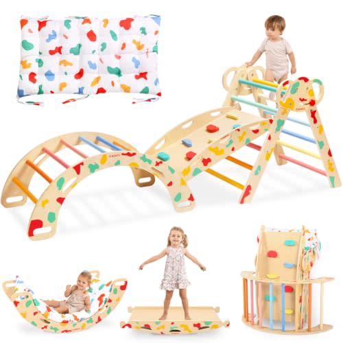 WINGYZ Pikler Triangle Set, Montessori 8-in-1 Climbing Set with Cushion | Wood Jungle Gym for 18M-5Y, Foldable, Reversible Animal Slide, Patent-Protected, 2.35in Gap, ASTM F963, Rainbow
