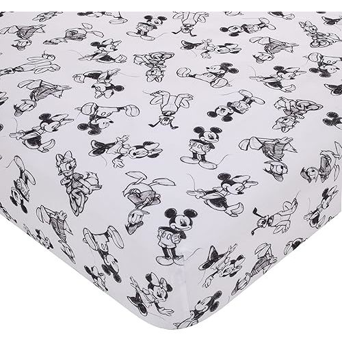 Disney Mickey Mouse - Charcoal, Black and White Mickey and Friends, Minnie Mouse, Donald Duck and Pluto Nursery Polyester Fitted Crib Sheet