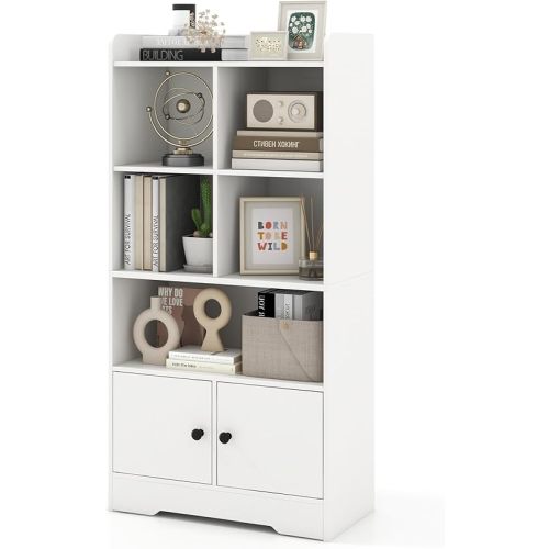 Giantex 4-Tier Bookcase with Doors, Small Bookshelf with 5 Cubbies and 2 Cabinets, White Freestanding Bookshelf, 47.5" Wooden Storage Cabinet Organizer for Living Room, Bedroom, Study