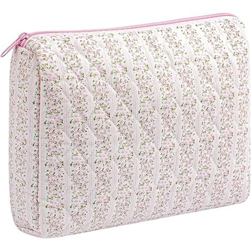 Makeup Bag Travel Cosmetic Bag for Women Girls, Zipper Make Up Pouch, Floral Flowers Toiletry Organizer Makeup, Portable Storage Cosmetic Travel Cloth Bag (L/Pink Floral)