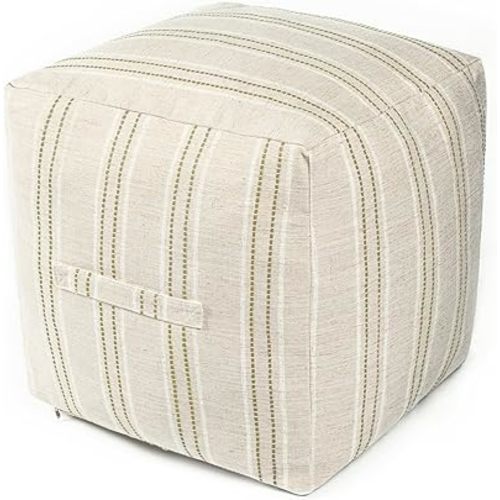AELS Unstuffed Farmhouse Pouf Cover for Living Room, Boho Storage Bean Bag Cubes, Beige with Brown Stitch Yarn Dyed Stripe Square Ottoman Pouf Foot Rest Footstool, 18"x18"x18", Cover ONLY