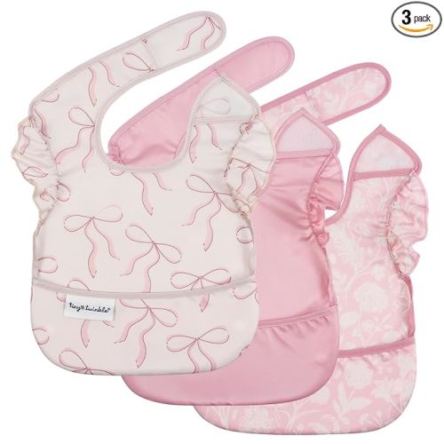 Tiny Twinkle Mess-Proof Baby Bibs for Eating | Waterproof, Wipeable Toddler Bibs with Catch-All Pocket | Feeding Bibs for Girls & Boys(3 Pack,Toile,Bows)